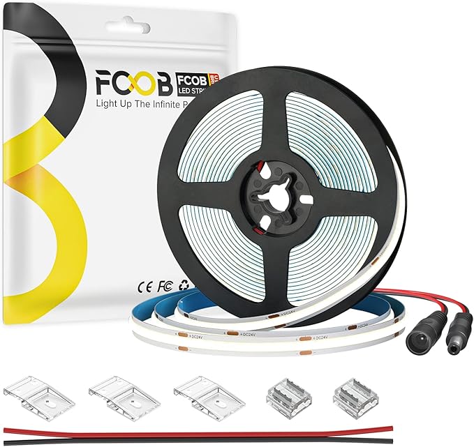 16.4FT DC12V COB LED Strip 6000K Cool White 320LEDs Flexible High Density Uniform Bright Light Strip 9W/m, CRI90+ Dimmable LED Light for DIY Kitchen Bedroom Home Decor, No Power and Controller