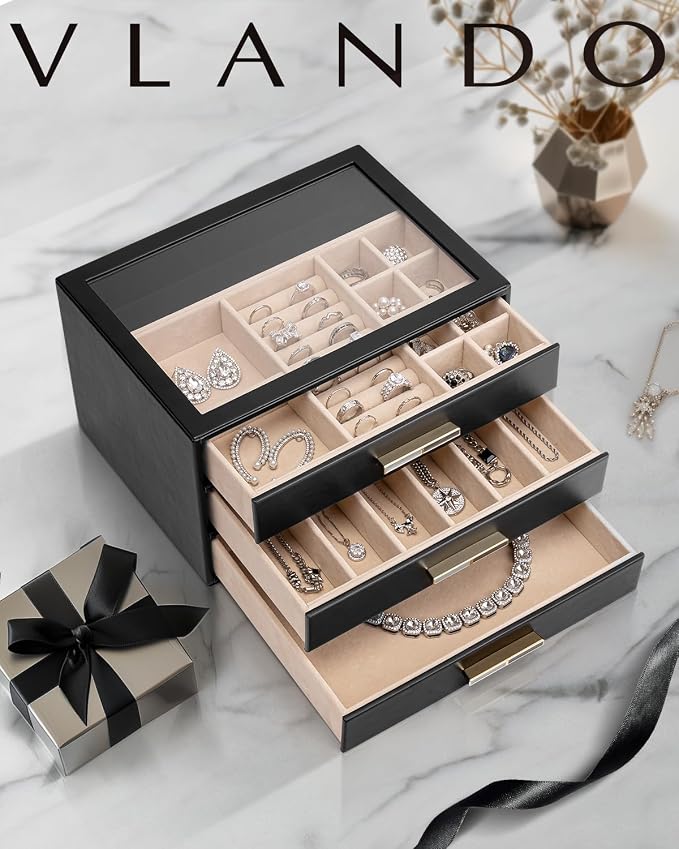 VLANDO Jewelry Box for Women, 3-Layer Jewelry Organizer with Drawers, Glass Lid Display Jewelry Storage, Soft PU Leather Exterior, Contrast Gold Metal Handles, Refined Style - Black