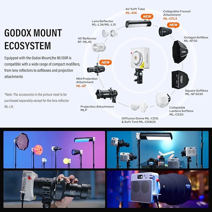 Godox ML100R RGB COB LED Video Light Portable with Carry Bag 110W Full-Color 1800K-10000K CRI 97+/TLCI 98+ 14 FX Effects Support APP Control for Studio/Live Streaming/Outdoor