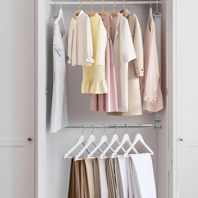 Hanging Closet Rod, 17-28In Width and Up to 32In Height Closet Extender, Double Hanging Bar with Powder-Coated Metal Pole and Adjustable Webbing, Space-Saving Tension Organizer, 2 Pack