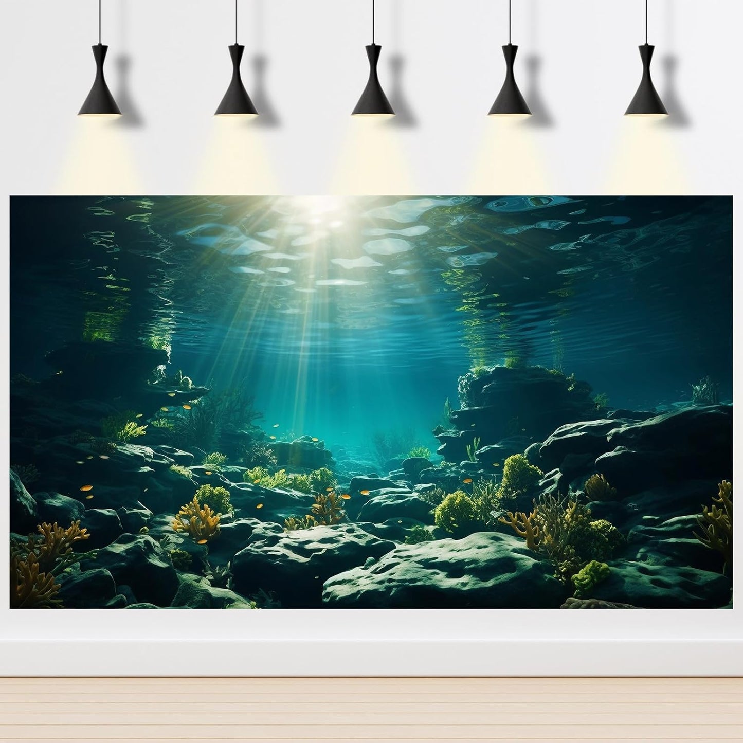 Aquarium Background Underwater Aquatic Plants Rocks Fish Terrarium Backdrop Sunlight Rays Coral Fish Tank Background Cave Style Landscape Sea Grass Tank Wallpaper Poster Vinyl 30x18in