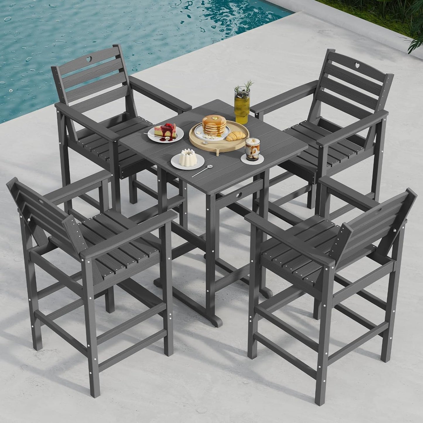 Tall Adirondack Chairs Set of 2, HDPE Wood Balcony Adirondack Chairs Set with Heart Cutout Design, Weather-Resistant Bar Height Furniture for Deck, Porch, Pool (Grey)