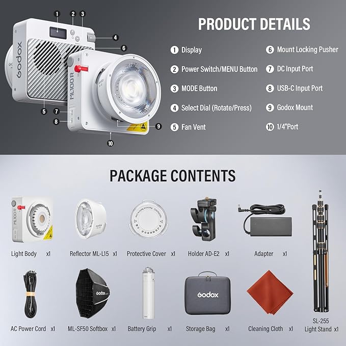Godox ML100R RGB COB LED Video Light with Battery/Carry Case/Light Stand, Godox Mount 110W Full-Color 1800K-10000K CRI 97+/TLCI 98+ 14 FX Effects Support APP Control for Studio/Live Streaming/Outdoor