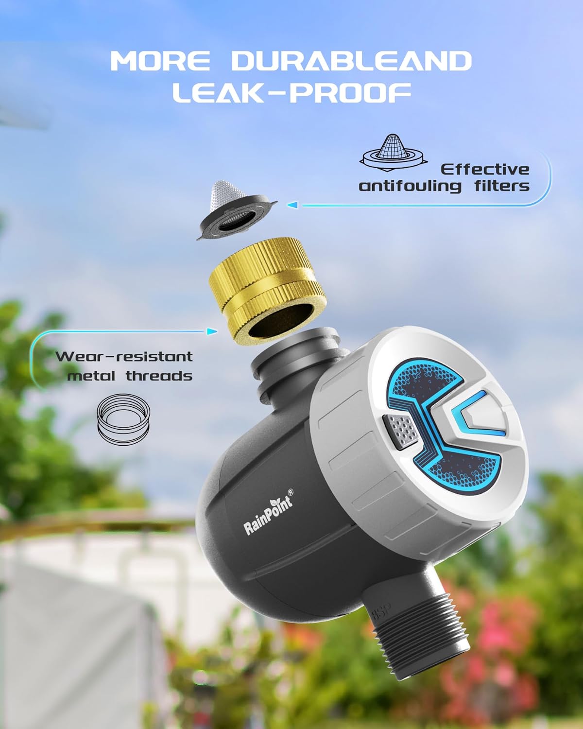 RAINPOINT WiFi Water Timer, Brass Inlet Smart Hose Faucet Timer, Automatic Irrigation System Controller for Yard Watering, APP Control via 2.4Ghz WiFi and Bluetooth (V2, 2025 Release)