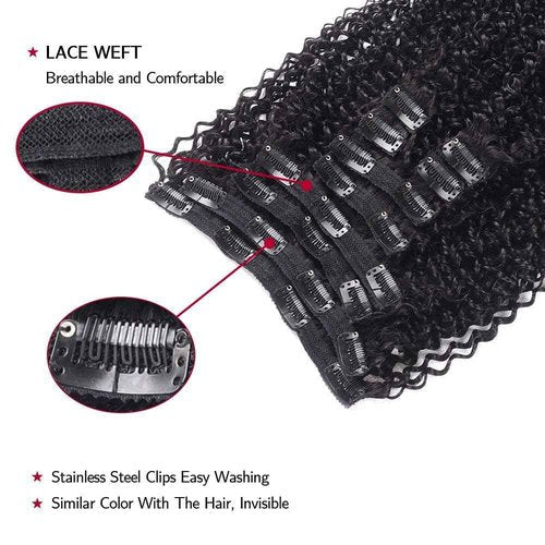 24 Inch Kinky Curly Clip ins Human Hair 110g 8pcs 20 Clips 3C 4A Curly Clip In Hair Extensions Real Human Hair Brazilian Virgin Hair Full Head for Women Natural Black