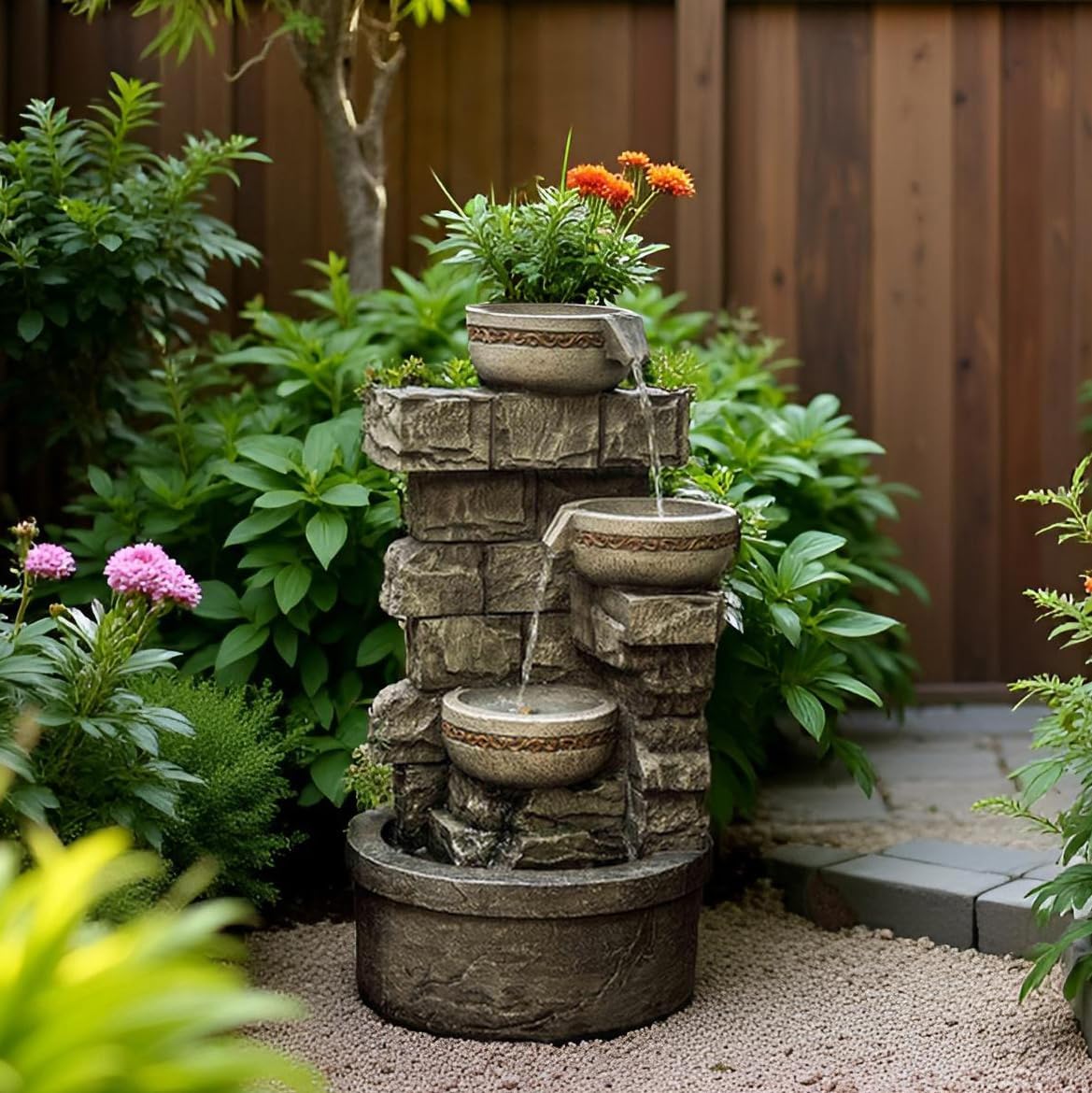 Water Fountian Outdoor - 3 Tiered Bowls Floor Stacked Stone Pump Waterfall Fountain,Provide Flowing Water Feature for Outside Garden,Backyard,Lawn,27 Inch Tall