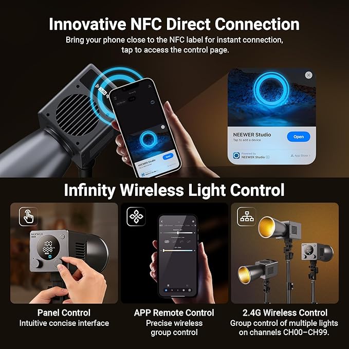 NEEWER HB60B 60W Mini LED Video Light with 50Wh Battery/100W PD Fast Charging APP/2.4G Control/NFC + 9.8ft/3m Air Cushioned Light Stand Tripod with 3 Way Mounting Interface Max Load 5.5lb/2.5kg