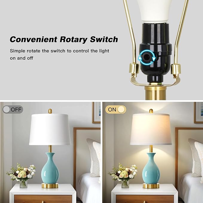 24" Aqua Blue Ceramic Table Lamps Set of 2, Modern Classic Bedside Lamps for Bedroom Nightstand, Small Table Lamp for Living Room End Table (2 LED Bulbs Included)