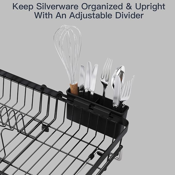 MAJALiS Expandable Stainless Steel Over The Sink Dish Drying Rack for Small Kitchen Counter Space Saving, Compact RV Plate Drainer Strainer in Black Wire Metal with Hanging Adjustable Utensil Holder