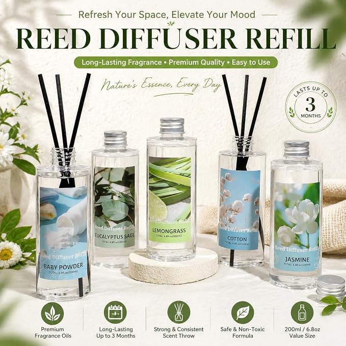 SCENTORINI Reed Diffuser Oil Refill, Jasmine Diffuser Oil 6.76 Fl Oz, Natural Scented Essential Oil Refill Long Lasting Summer Home Fragrance for Room Spa Aromatherapy Bathroom Home Decor