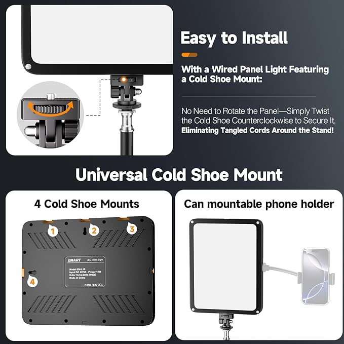EMART LED Video Light Kit with Phone Holder & Barndoor, 2800-7000K Dimmable Studio Lights for Video Recording, 73'' Height for Live Streaming, YouTube, Vlog, Photography, Content, Podcast, 1-Pack