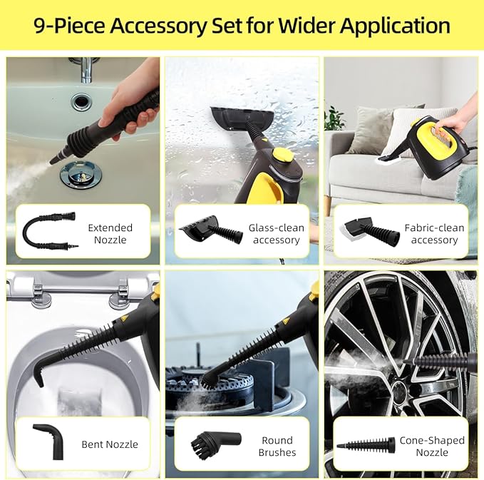 Handheld Steam Cleaner with 9 pcs Accessories Multi Surface Steam Cleaner for Home 530ml Natural Multi Purpose Steamer for Cleaning Grime, Grease，Floor, Upholstery, Grout and Car