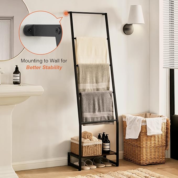 DGWJSU Blanket Ladder, 5 Tier Ladder Shelf,Wooden Blanket Ladders for Living Room and Bedroom, 5.2ft Blanket Holder Rack Farmhouse Ladder Rack for Storage and Home Decor, Rustic Brown and Black
