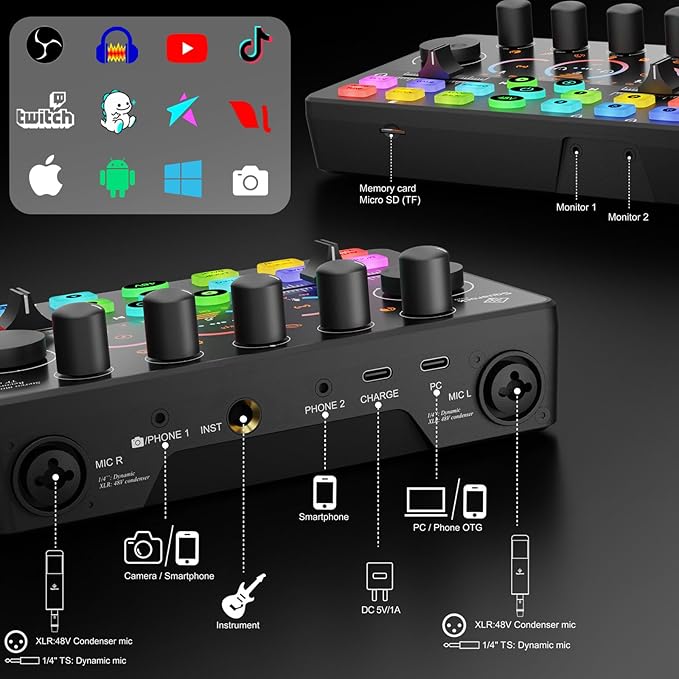 Podcast Equipment Bundle,5RGB Mixer with XLR-6.5mm interface,Dynamic Microphone, TF Card, Surround Sound, Suitable for Streaming/TikTok/YouTube, Compatible with Mobile Phones, PC,Camera RS2