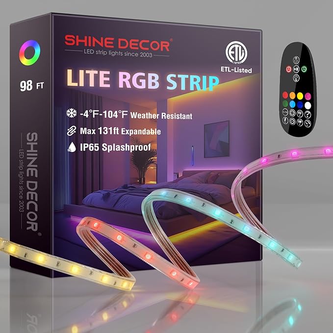 Shine Decor 120V RGB LED Strip Light Remote Control, Cold Resistant IP65 Waterproof Outdoor Strip Lighting Color Changing, Connectable Lite Multicolor Lighting Strip 7x13mm, 98 FT 900 LEDs ETL Listed