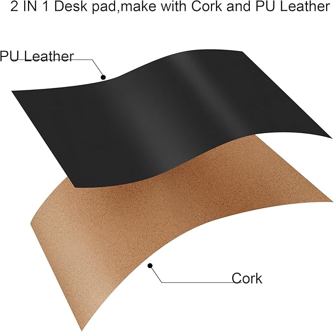 Chihein 71” x 20” Cork & PU Leather Desk Mat (Black) - Huge Mouse Pad, Double Sided Waterproof Desk Pad Protector for Gaming, Office, Home