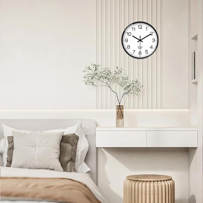 XNM Minimalist Wall Clocks Battery Operated 12 Inch Classic White Analog Wall Clock for Living Room Bedroom Round Silent Wall Clock