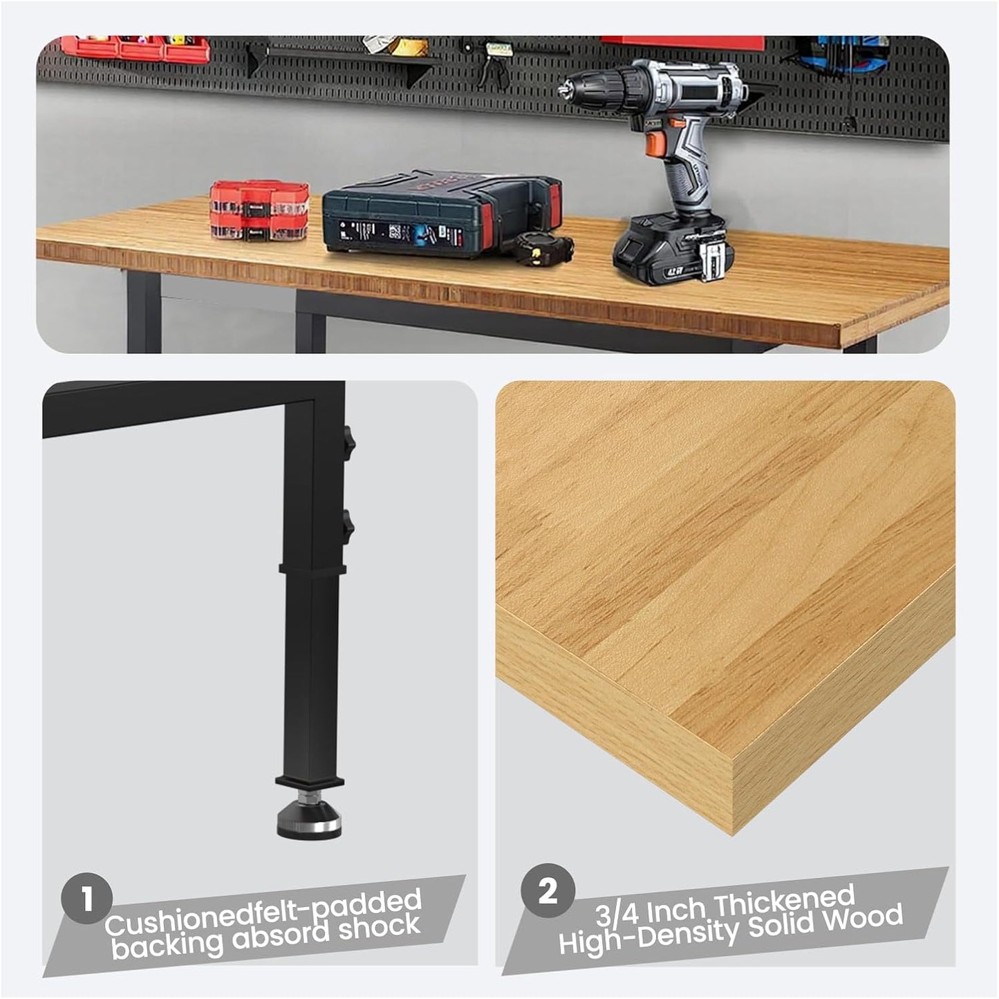 48" Adjustable Workbench,Heavy-Duty Work Table,3000 LBS Load Capacity Hardwood Workstation with Fixed feet,for Workshop, Garage