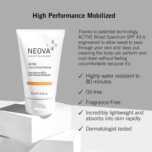 NEOVA SmartSkincare Active Sunscreen for Body 3 fl. Oz. | Broad Spectrum SPF 43 | Zinc & Octinoxate | Water Resistant up to 80 Min
