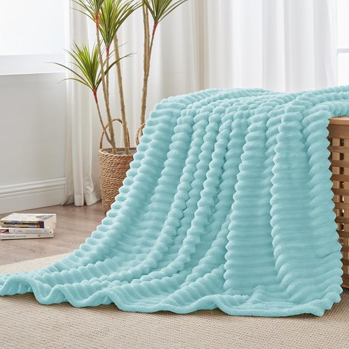 BEDELITE Twin Blanket for Couch & Bed, 300GSM Soft & Warm Fleece Blanket, Decorative and Giftable Striped Cloud Blue Blankets for Women, Men, 60"x80"