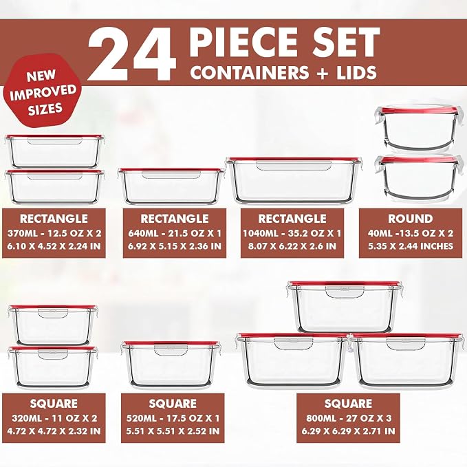 Razab 24 Pc Airtight Glass Food Storage Containers - Glass Meal Prep Containers - Freezer to Oven Safe - Steam Release Valve BPA Free - Airtight Bento Boxes - Leak Proof (12 lids & 12 Containers)