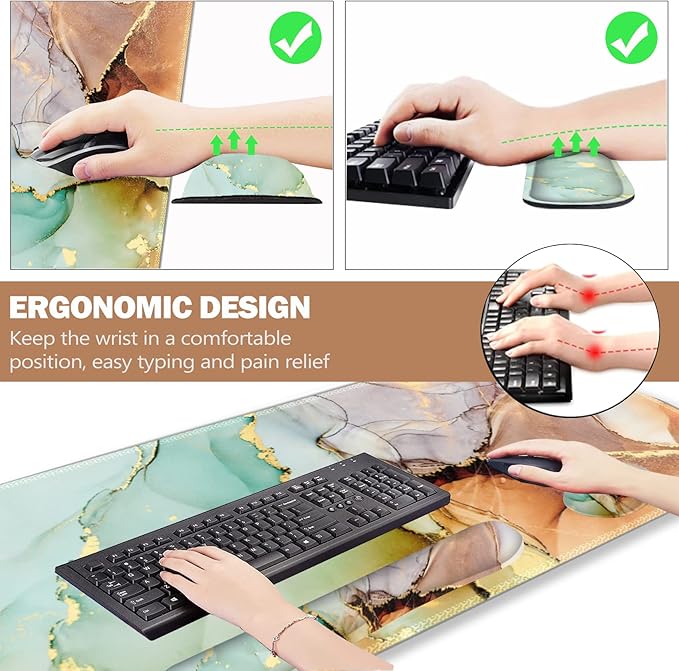 ARTSO Large Gaming Mouse Pad, Keyboard Wrist Rest Pad & Wrist Support Mousepad Set, Stitched Edge, Extended, Non-Slip Base, Memory Foam Desk Mat for Office, Home, Abstract Art Marble