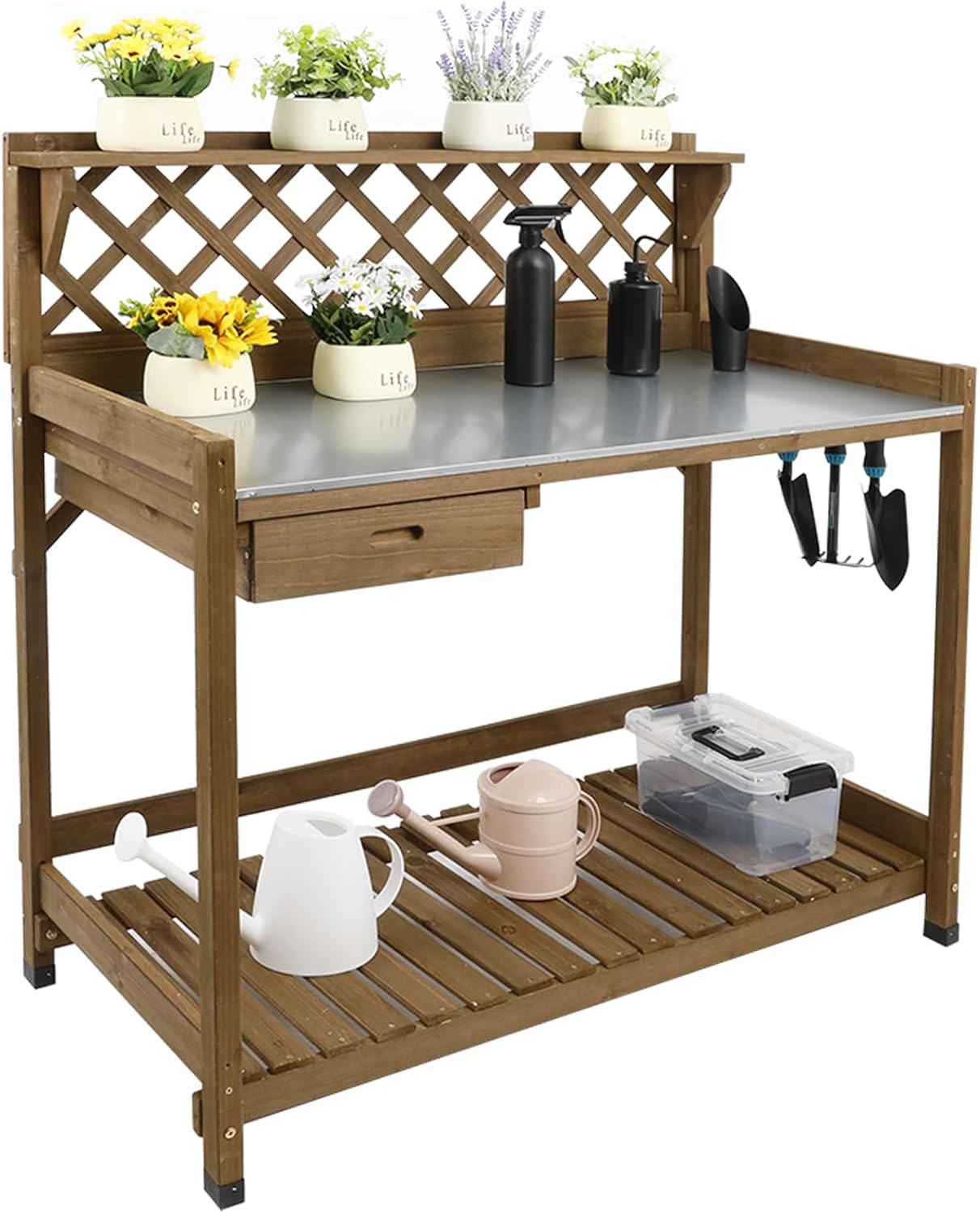 Garden Potting Bench with Metal Tabletop,Outdoor Potting Table Workstation Benches with Drawer/Storage Shelf，Fir Wood Potting Station Work Table with Open Shelf,Lattice Back (Brown)