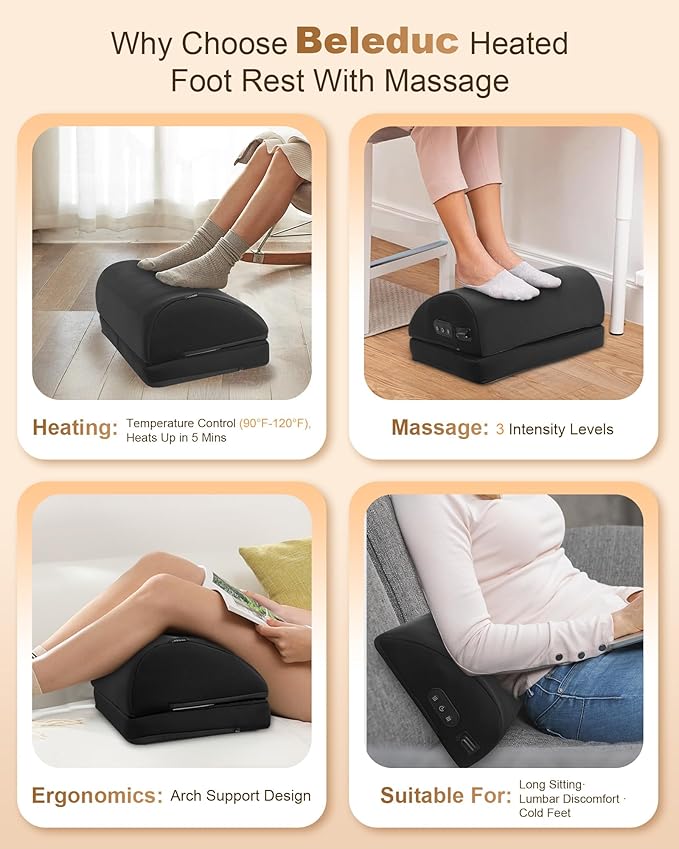 Beleduc Heated Foot Rest Under Desk at Work, Ergonomic Under Desk Foot Stool with Vibration Massage, Memory Foam Footrest, 3 Adjustable Height, Non-Slip, Gift for Women Men