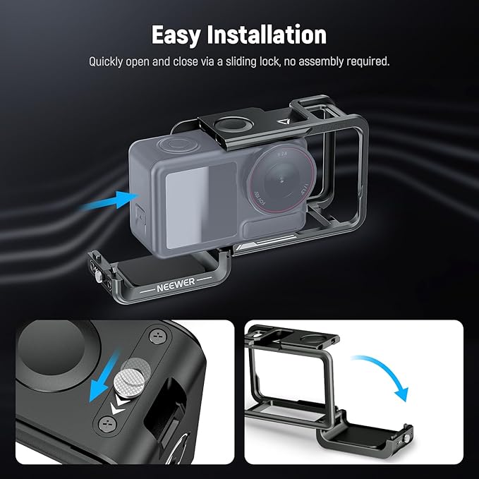 NEEWER Action Camera Cage for Osmo Action 5 Pro / 4/3, Protective Metal Video Rig with Cold Shoe, 1/4" Thread, Shutter Button Compatible with DJI Mic Magnetic Adapter Mount Accessories, AC014 Black