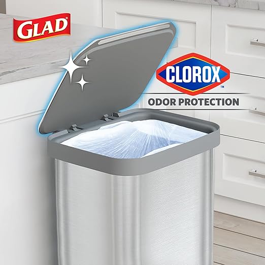 Glad 20 Gallon All Brushed Stainless Steel Trash Can with Clorox Odor Protection | Large Metal Kitchen Garbage Bin with Soft Close Lid, Garbage Bag Rings, Step On Foot Pedal and Waste Bag Roll Holder