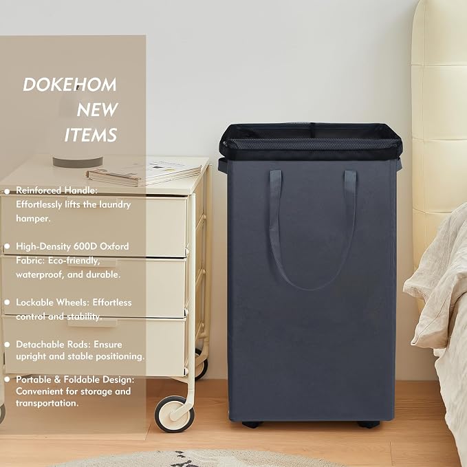 DOKEHOM 90L X-Large Laundry Basket with Removable Wash Bag on Wheels, Collapsible Rolling Laundry Hamper, Foldable Clothes Organizer, Folding Washing Bin (Grey)