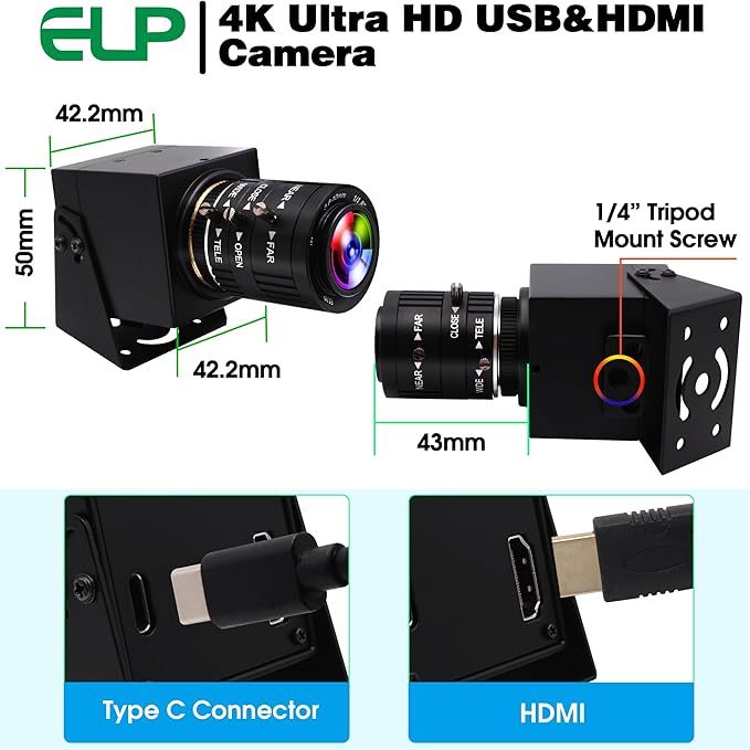 ELP 4K USB HDMI Camera Manual Zoom Webcam Variable Focus PC Camera Mini Close-up Camera for Computer H.264 Telescope USB Security Camera 8mp IMX415 Industrial CCTV Camera (3.6-10mm 3X Zoom Lens)