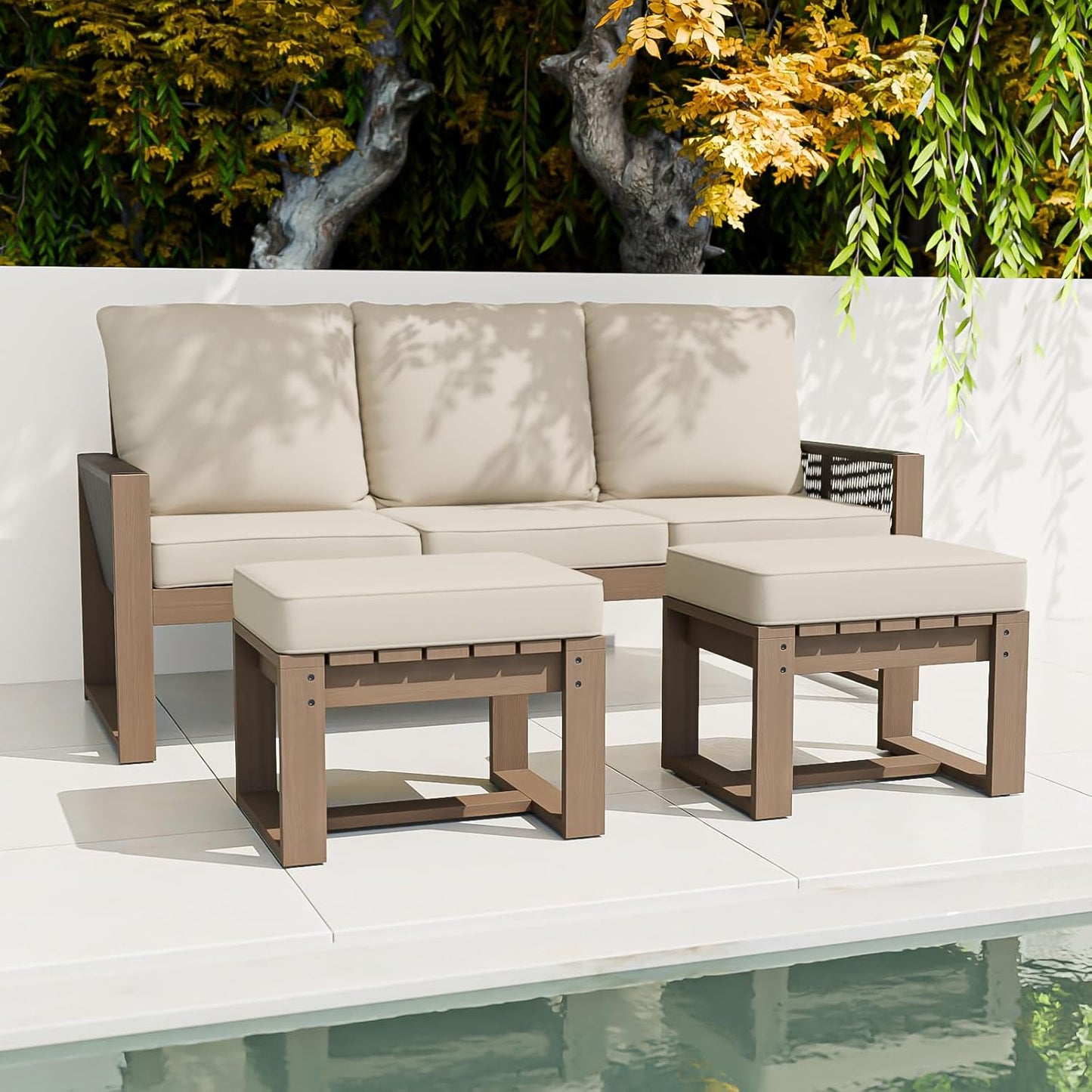 EAGLE PEAK Natural Wood Outdoor Patio Furniture, Cedar Furniture, Conversation Set, Outdoor Seating for Deck Patio Porch, Sofa & Ottomans, 3 Pieces, Brown/Beige
