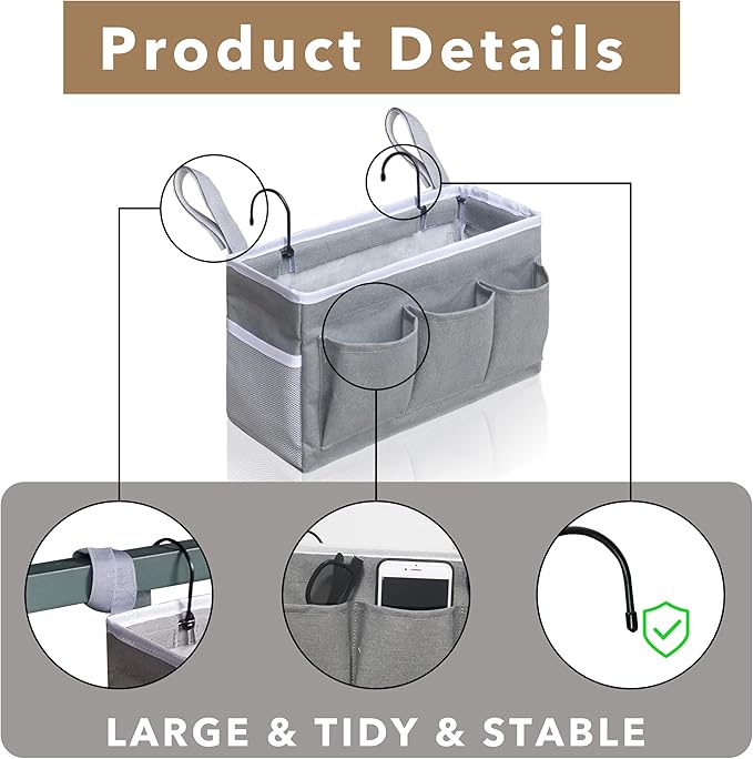 Kanrichu Bedside Caddy Hanging Storage Bag, Organizer Baskets with Pockets for Bunk Bed Accessories, Loft & Dorm Rooms Chair Bed Rails (Gray-3pcs)