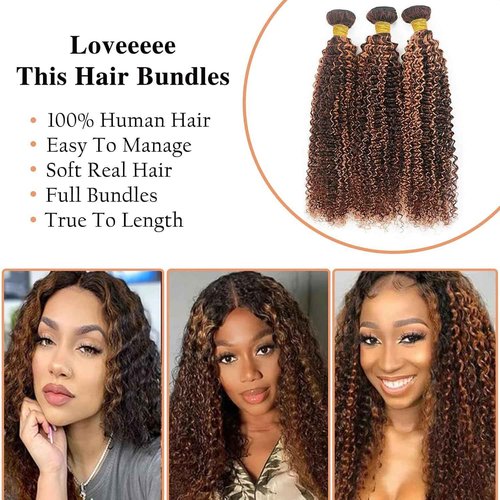 Giginger Jerry Curly Human Hair Bundles 20 22 24 Inch Brazilian Chocolate Brown Highlight P4/30 Jerry Curly Bundles Human Hair 100% Unprocessed Raw Quick Weave Hair for Black Women