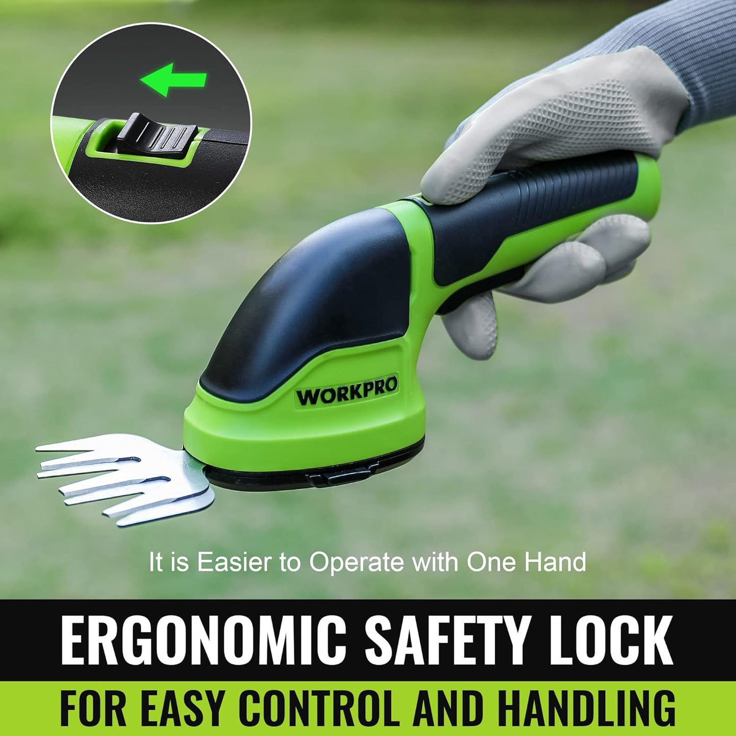 WORKPRO Cordless Grass Shear & Shrubbery Trimmer - 2 in 1 Handheld Hedge Trimmer Electric Grass Trimmer Hedge Shears/Grass Cutter Rechargeable Lithium-Ion Battery and Type-C Cable Included (Green)