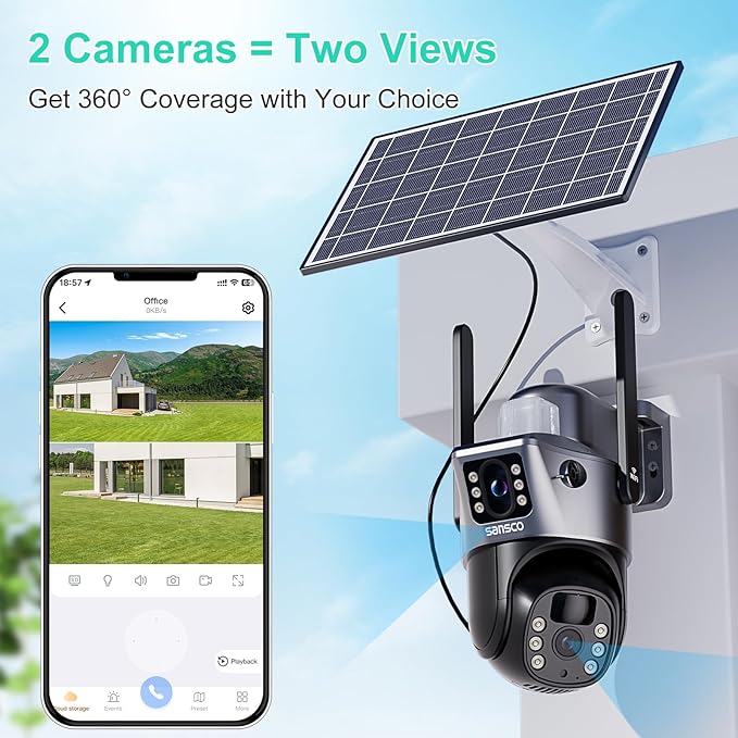 SANSCO 2K Dual Lens Solar Security Camera Wireless Outdoor, No Wires Needed, 2.4G & 5G WiFi, 360° PTZ Home Security Camera, Spotlight Color Night Vision, 2-Way Audio, PIR Motion Detection (2 Pack)