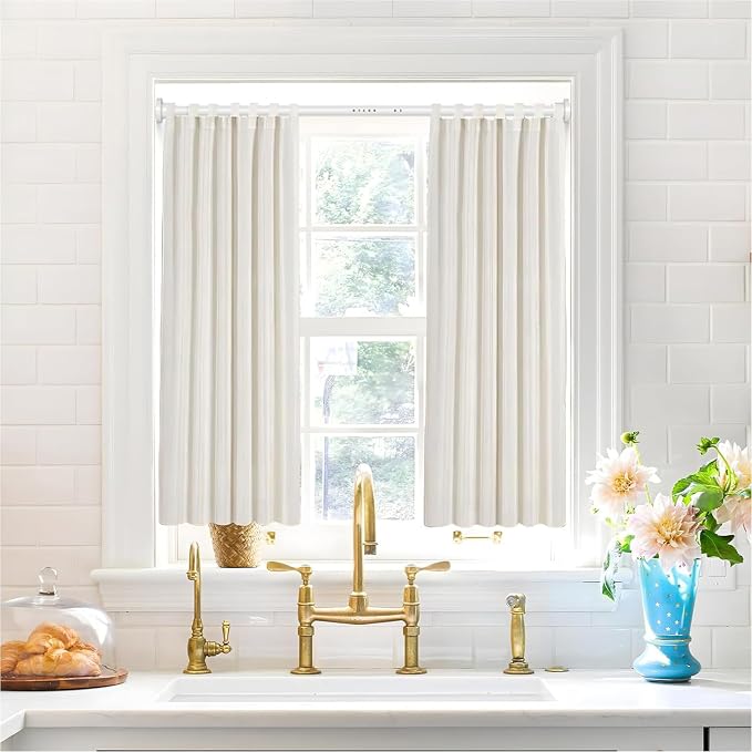 MEXAU White Tension Curtain Rod 40-148 Inch Long Tension Rod 1.26" Spring Tension Curtain Rod Adjustable Curtain Rods No Drilling Tension Shower Rod Curtain Tension Rod for Bathroom Windows Doorways