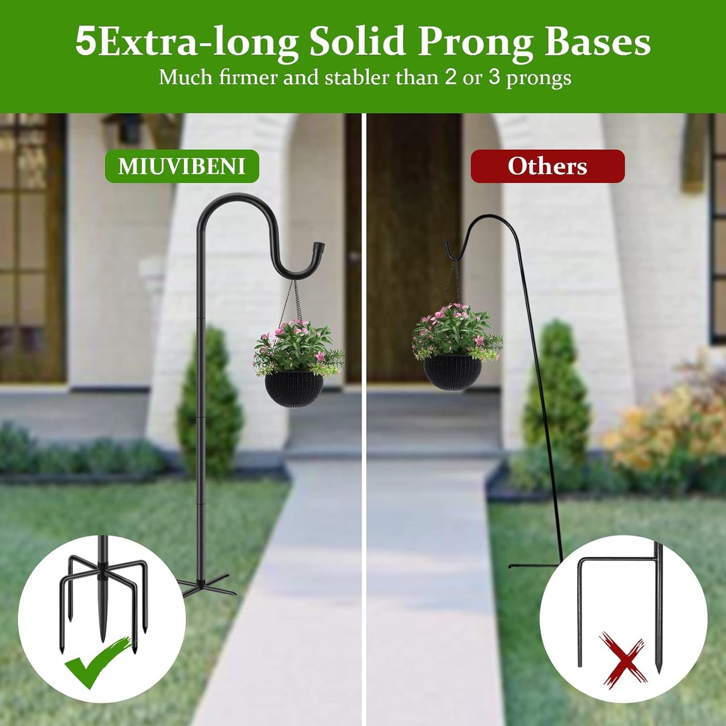 Shepherds Hooks for Outdoor, 48 Inches Garden Bird Feeder Pole for Hanging Bird Feeder, Plant Baskets, Solar Light Lanterns, Outdoor Plant Hanger Hook with 5 Base Prongs,1 Packs