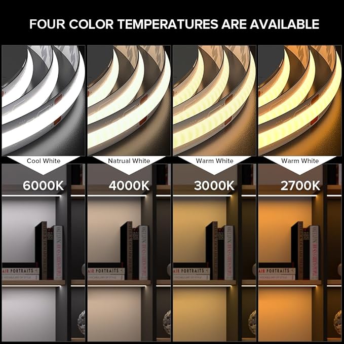 16.4FT COB LED Strip Light DC24V Warm White Flexible High Density Uniform Bright Strip, 320LEDs/m CRI90+ 8mm Dimmable 3000K LED Tape for Under Cabinet DIY Decor, No Power and Controller