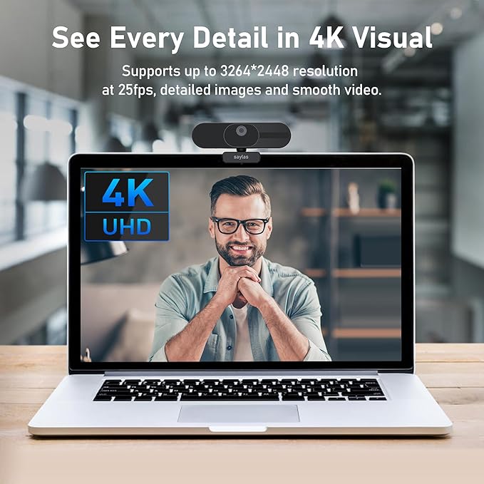 saylas 4K Webcam with Microphone and Speaker, 120° FOV Wide Angle Web cam with Remote, Noise-Cancelling Mics, Auto Focus, Privacy Cover, Plug & Play Web Camera for Computer, USB Webcam for Pc, Laptop