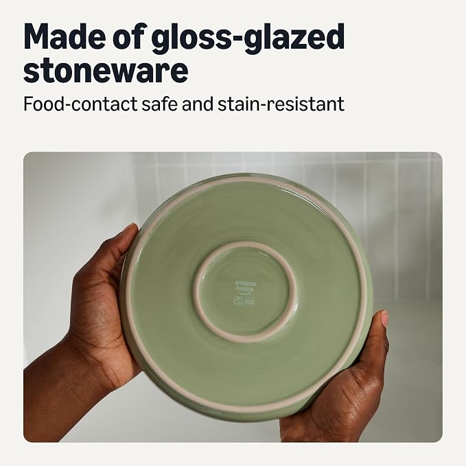 Amazon Basics Glazed Stoneware Salad Plates, Ceramic 4-Piece Set, Microwave and Dishwasher-Safe, 8.3 in., Olive
