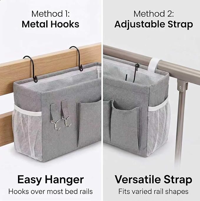 2pc Bedside Caddy Organizer with Hooks, No-Sagging Canvas Hanging Bed Pocket with Water Bottle Holder, Bedside Storage for Dorm Room Essentials, Bunk Bed Accessories, Hospital Bed Rails & Crib (pink)
