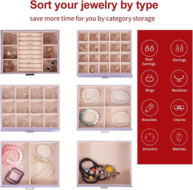 BOOVO Jewelry Box For women, 6 Layer Large Jewelry Organizer With Mirror, Multi-Function Storage Box With Lock, Accessory Holder With 5 Drawers, For Earrings Necklace Ring Bracelet (Purple)