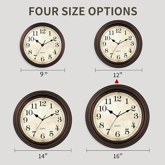 Wall Clock, 12 Inch Silent Non Ticking Battery Operated Clocks, Decorative for Living Room, Bedrooms, Kitchen (Bronze)