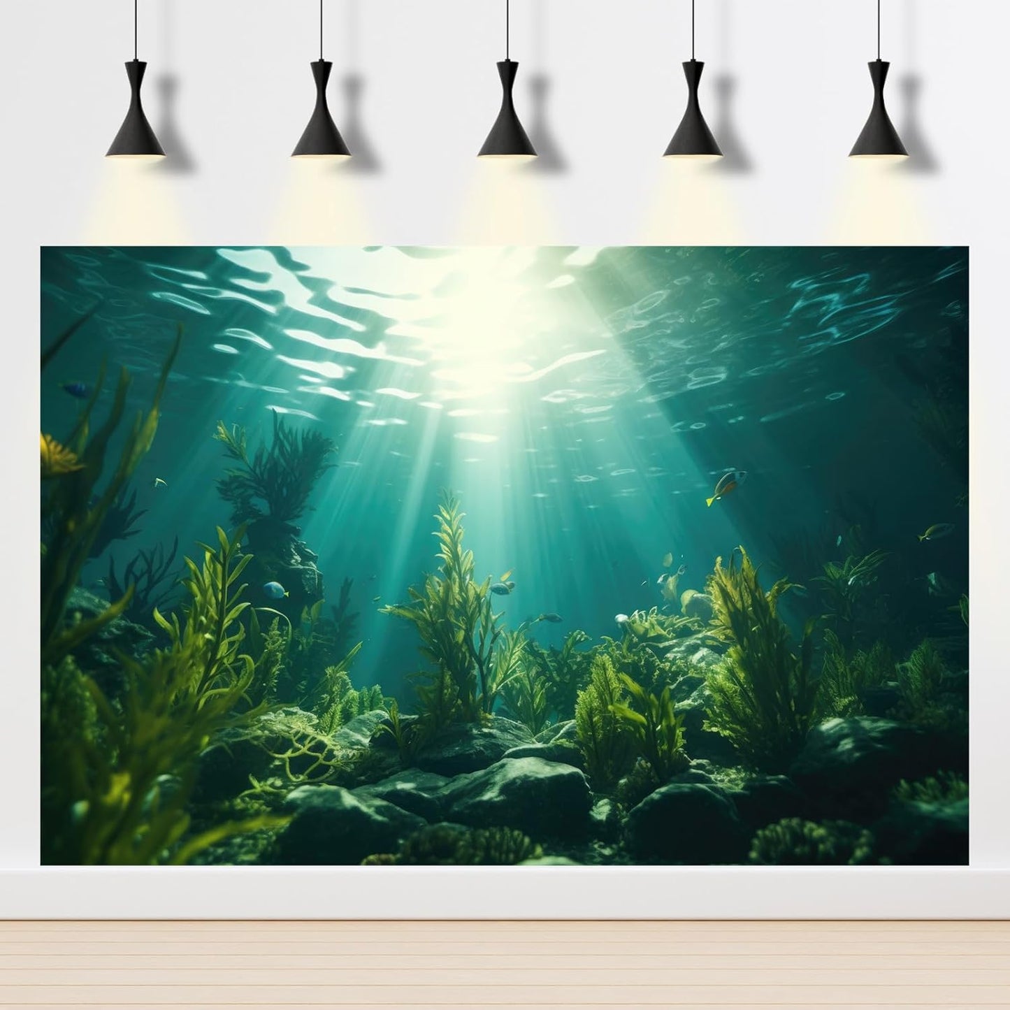 Ocean Aquarium Background Aquatic Plants with Rocks Terrarium Backdrop Sunlight Rays Deep Sea Fish Tank Background Aquarium Wallpaper Poster Decor Vinyl 36x20in