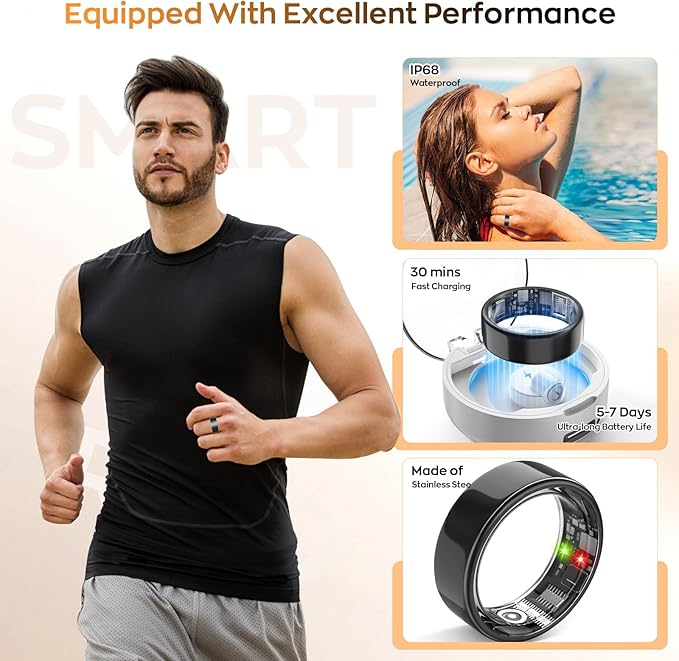 Smart Ring with Sleep Monitoring, Step Counting, Heart Rate for iPhone and Android, No Subscription Fee, IP68 Waterproof Health Tracker (Black, 8)