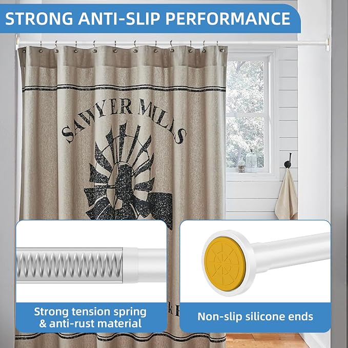 CorkLatta White Shower Curtain Rod,1 Inch Diameter Stainless Steel Adjustable Spring Tension Rods 32 to 68",with Holders,Anti-Slip,Curtain Rods No Drilling(1 Pack)