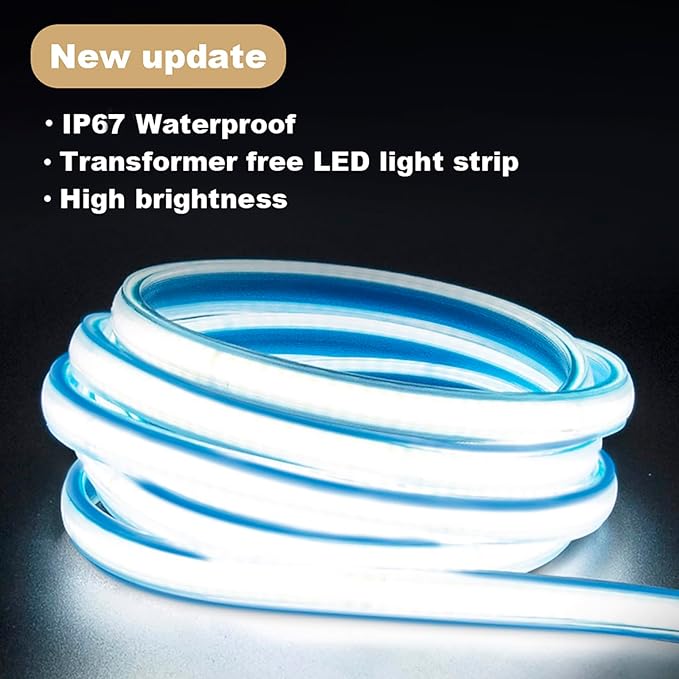 2 Meter Bright LED Strip Lights AC 110V with US Plug 6.56 Foot IP67 Waterproof COB LED Rope Lights for Kitchen Under Cabinet Lighting 6000K Cold White (Cold White, 6.56ft)