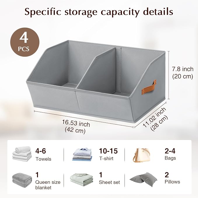 Homsorout Closet Organizers and Storage Bins - 4 Pack Collapsible Divided Trapezoidal Cube Storage Bins Baskets For Organizing Clothes Blankets,Toys, Books, Towels(Light Grey)